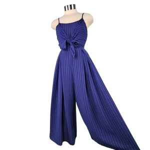 Flying Tomato Navy Smocked Open Back Tie Front Cropped Wide Leg Jumpsuit Size S